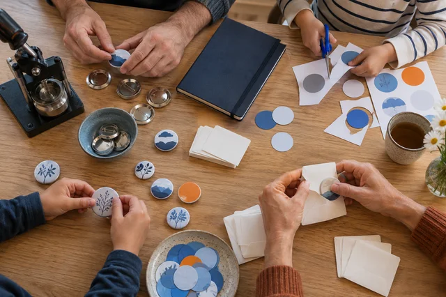 Hands making something at a table